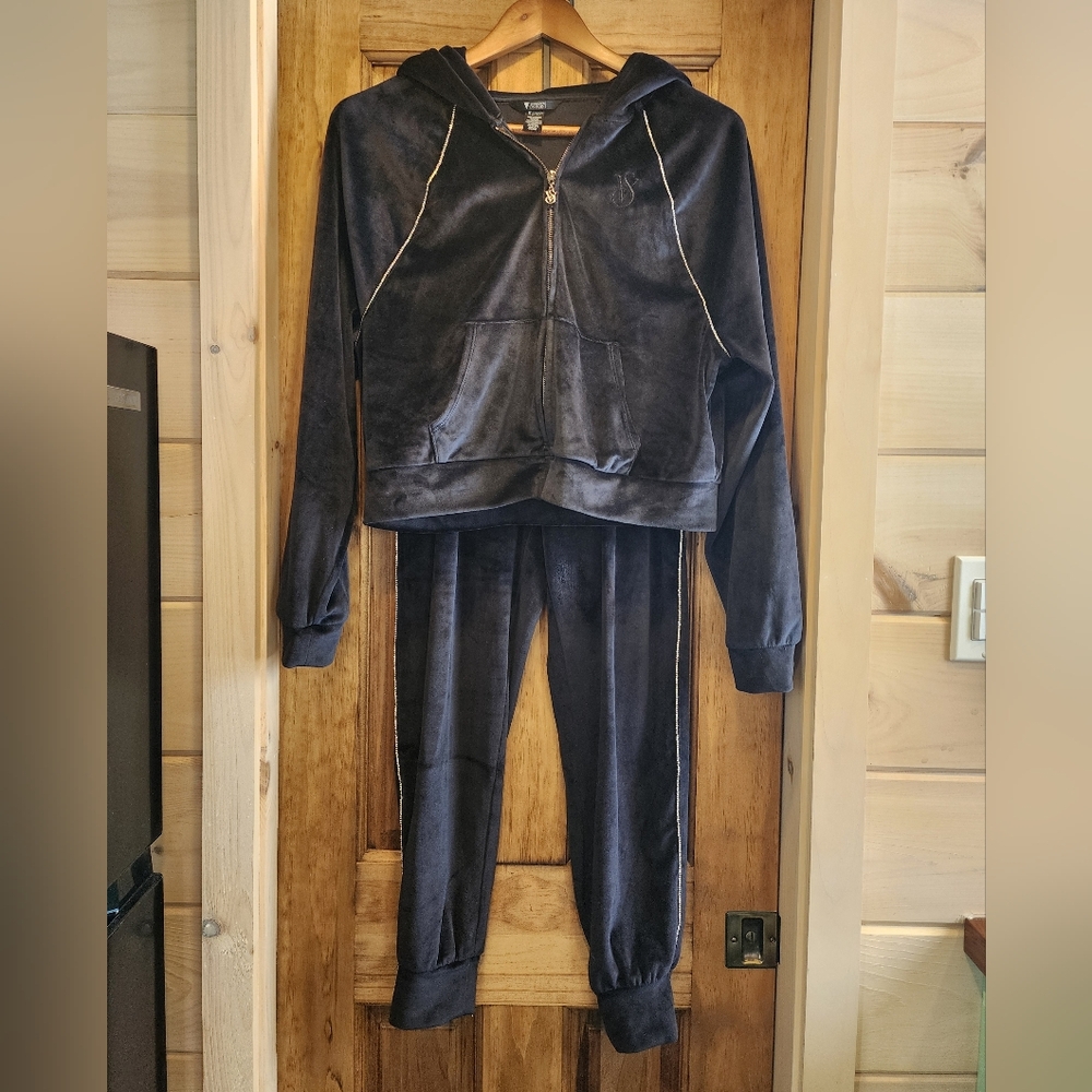 Victoria's Secret Black Velour Track Pants & Hoodie Set